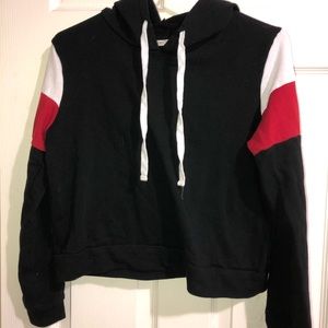 black white and red long sleeved hoodie